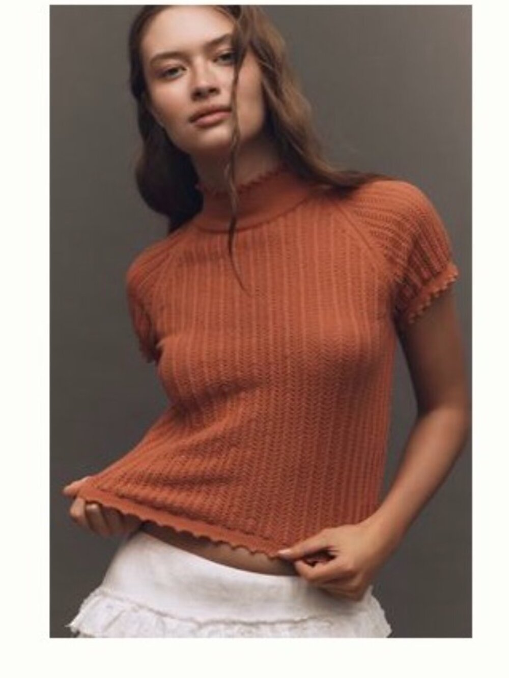 Anthropologie Mock-Neck Pointelle Ruffle-Trim Sweater Tee Terracotta XL